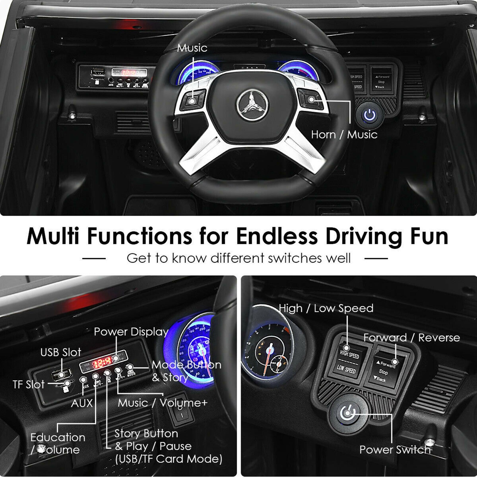12V Licensed Mercedes-Benz Kids Ride-On RC Motorized Car with Trunk Black Trend Times 5