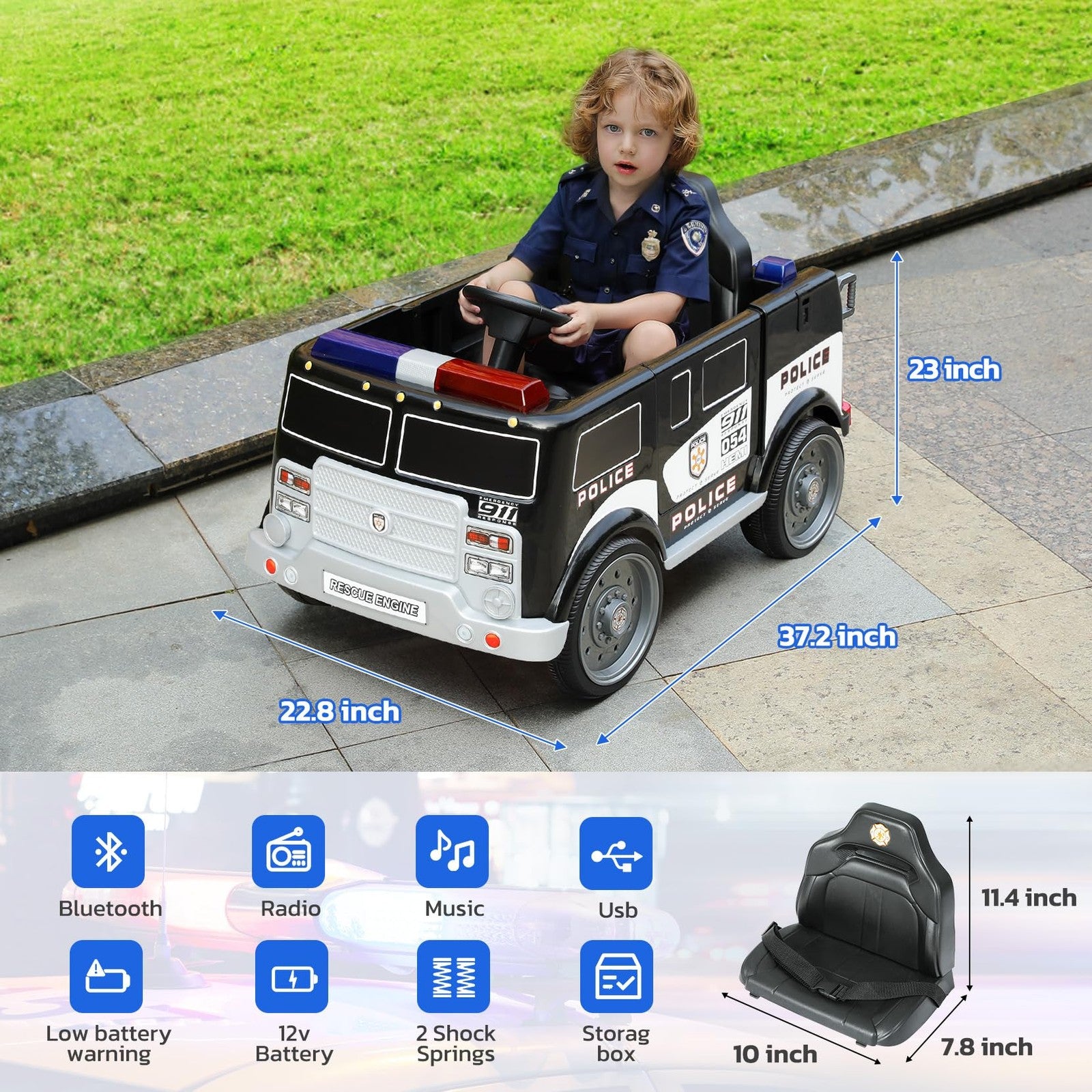 12V Montable Carro de Policía con Control Remoto Luces y Música para Niños Trend Times 2
