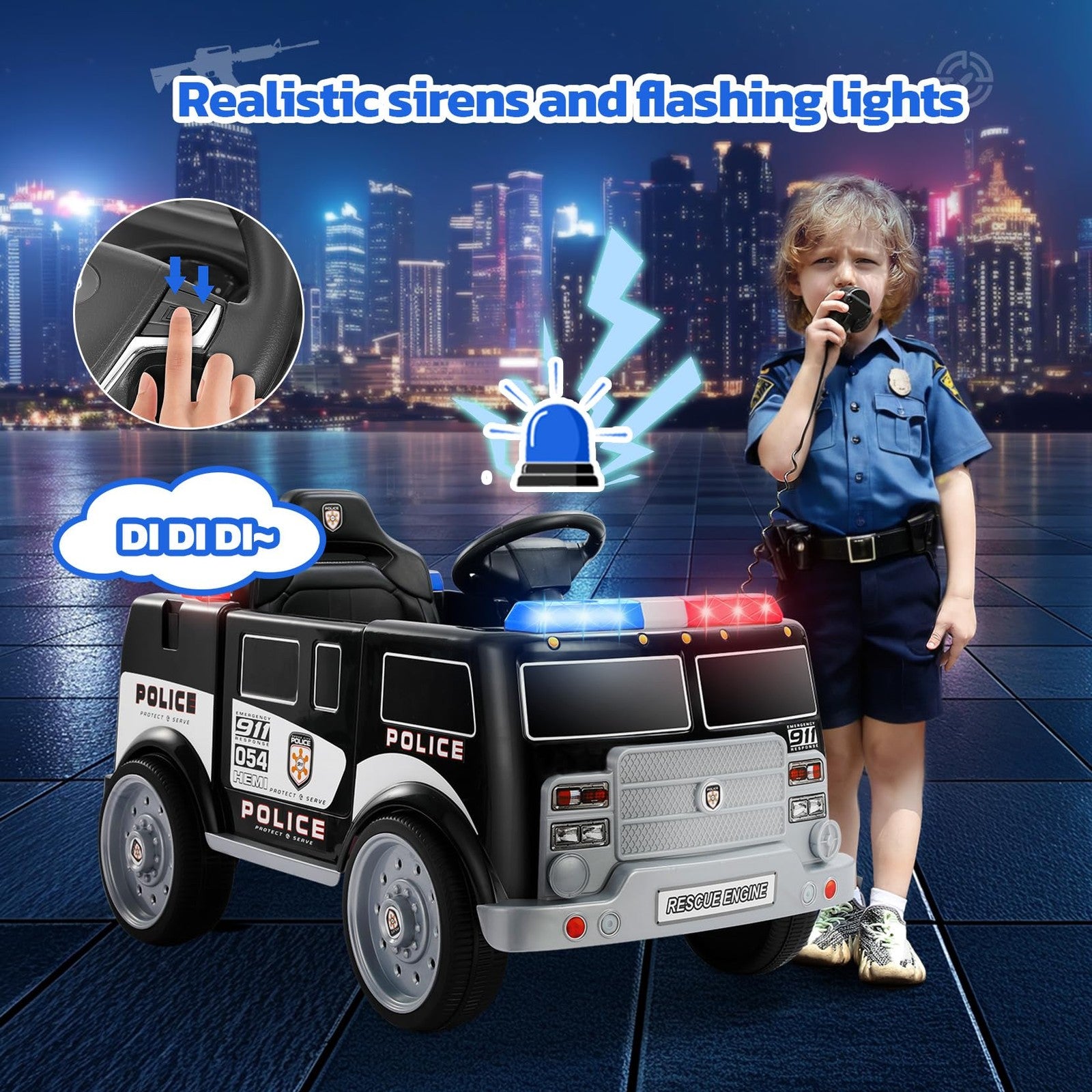12V Montable Carro de Policía con Control Remoto Luces y Música para Niños Trend Times 5