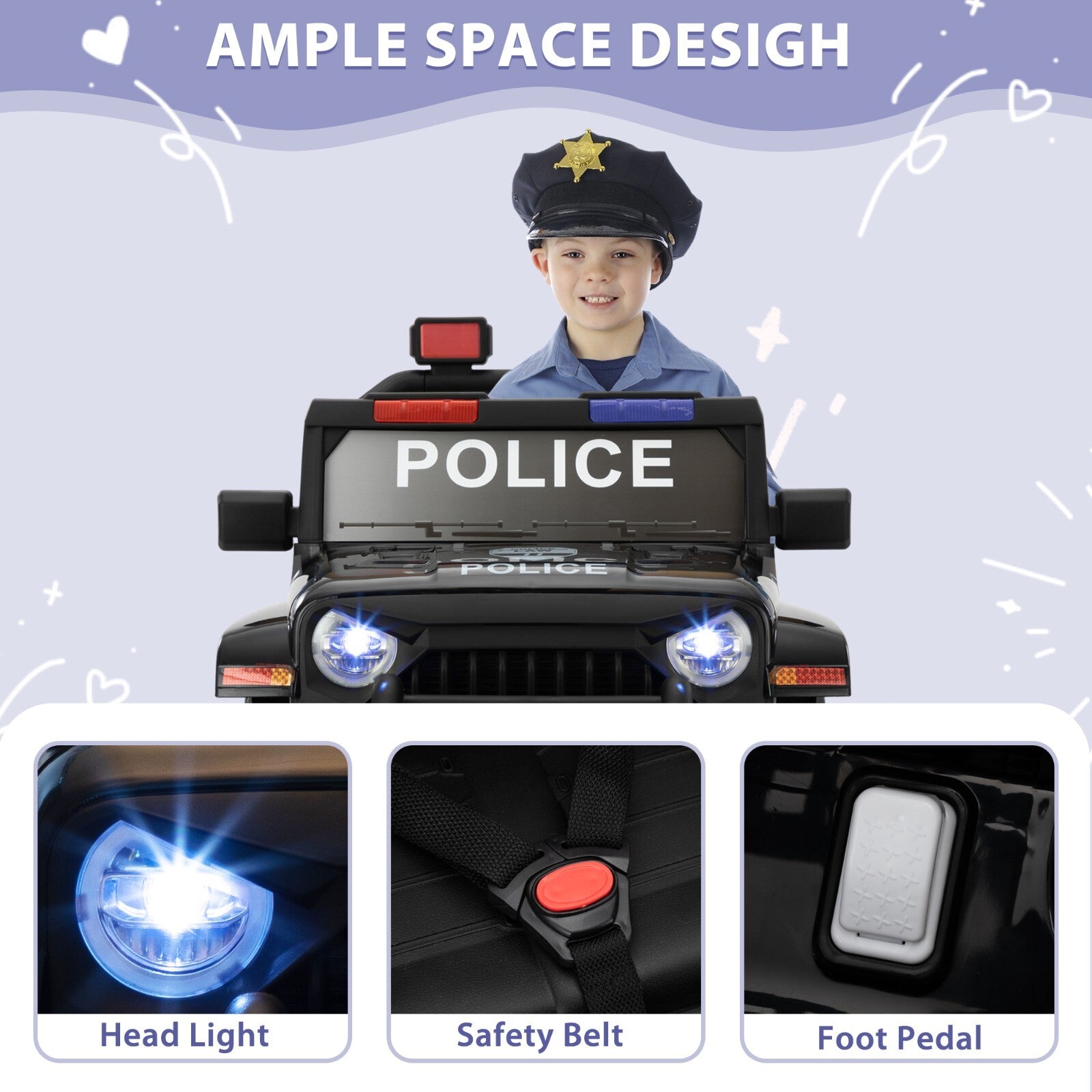 12V Battery-Powered Police Jeep Ride-On Car with 2.4G Remote Control Trend Times 12
