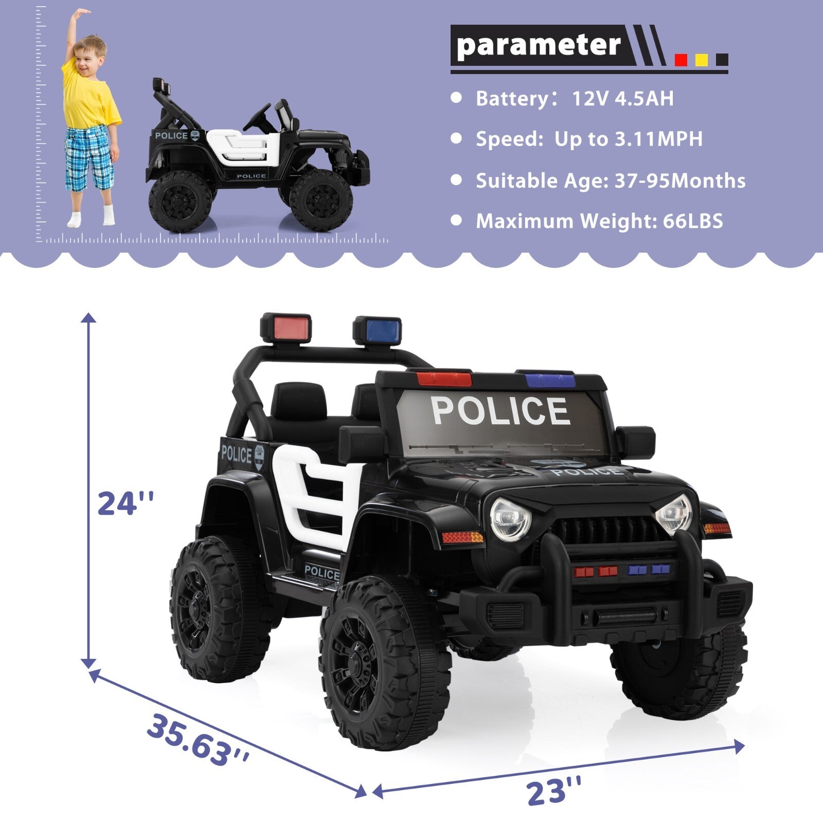 12V Battery-Powered Police Jeep Ride-On Car with 2.4G Remote Control Trend Times 8