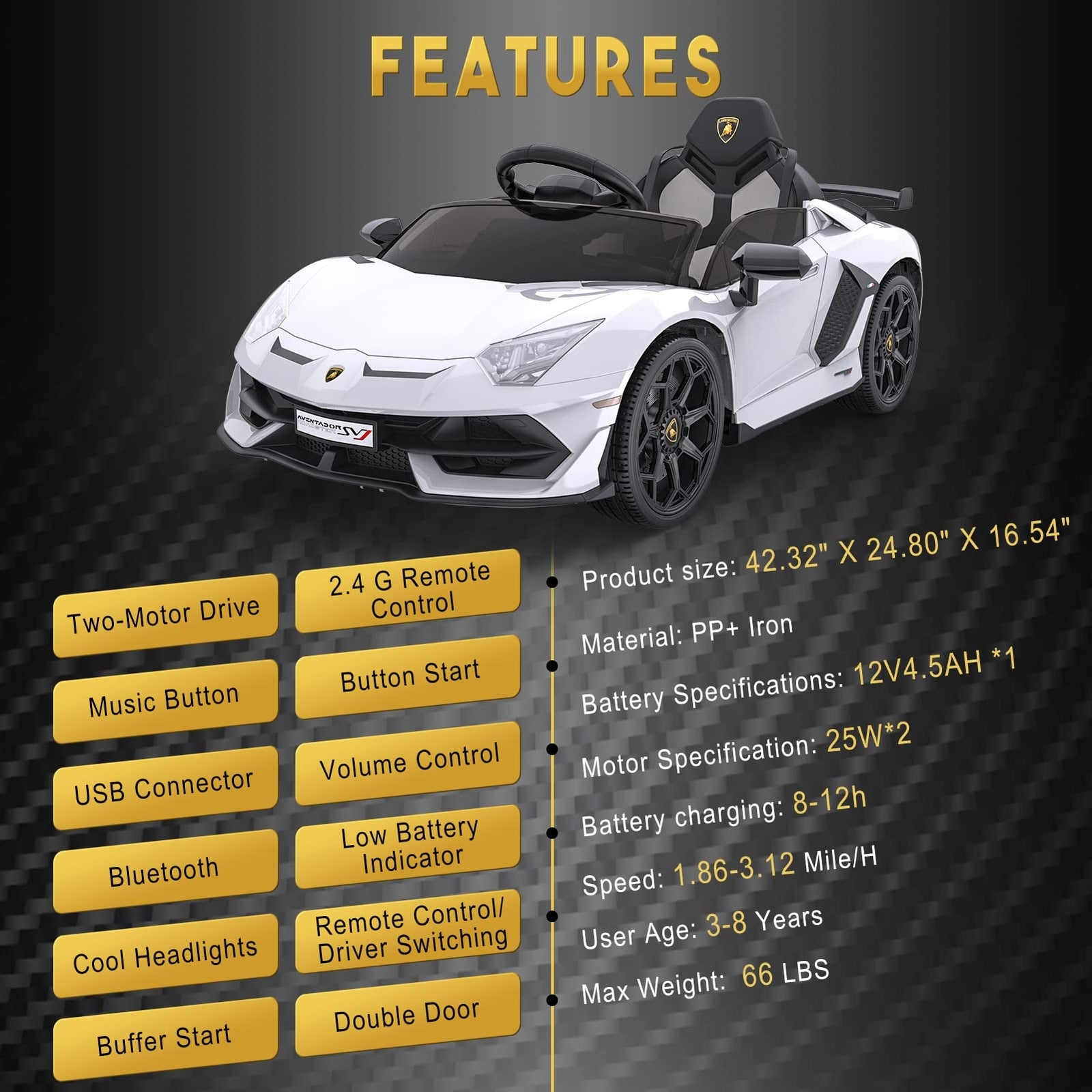 12V Electric Ride-On Lamborghini Car for Kids with LED Lights Trend Times 2