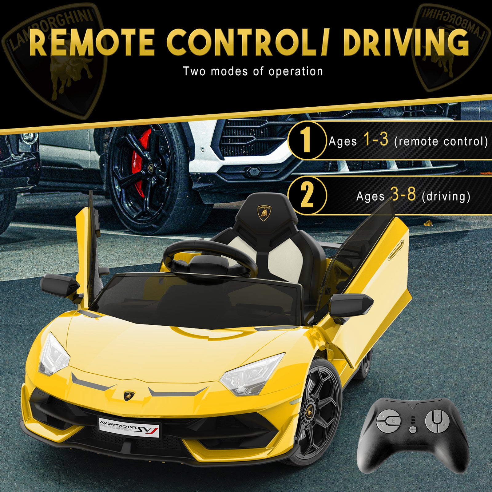 12V Licensed Lamborghini Electric Ride-On Car Toy for Kids with Hydraulic Doors Trend Times 2