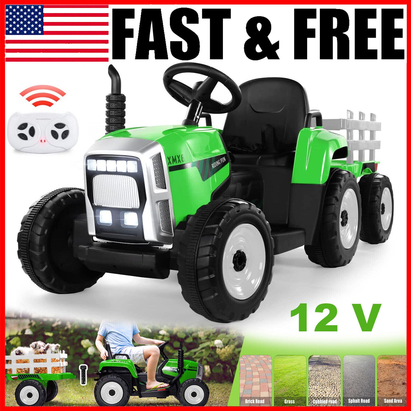 12V Electric Ride-On Tractor with Trailer, LED Lights, and MP3 Player for Kids Trend Times 1