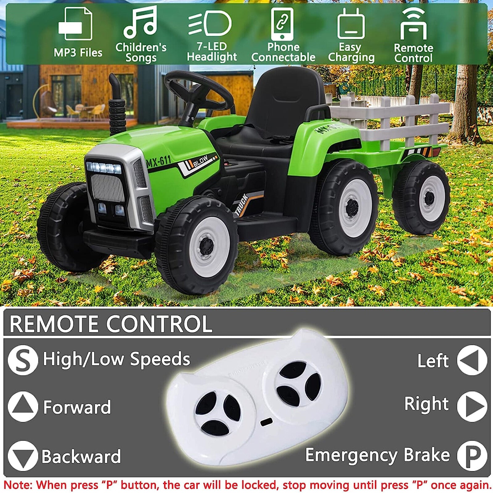 12V Electric Ride-On Tractor with Trailer, LED Lights, and MP3 Player for Kids Trend Times 3