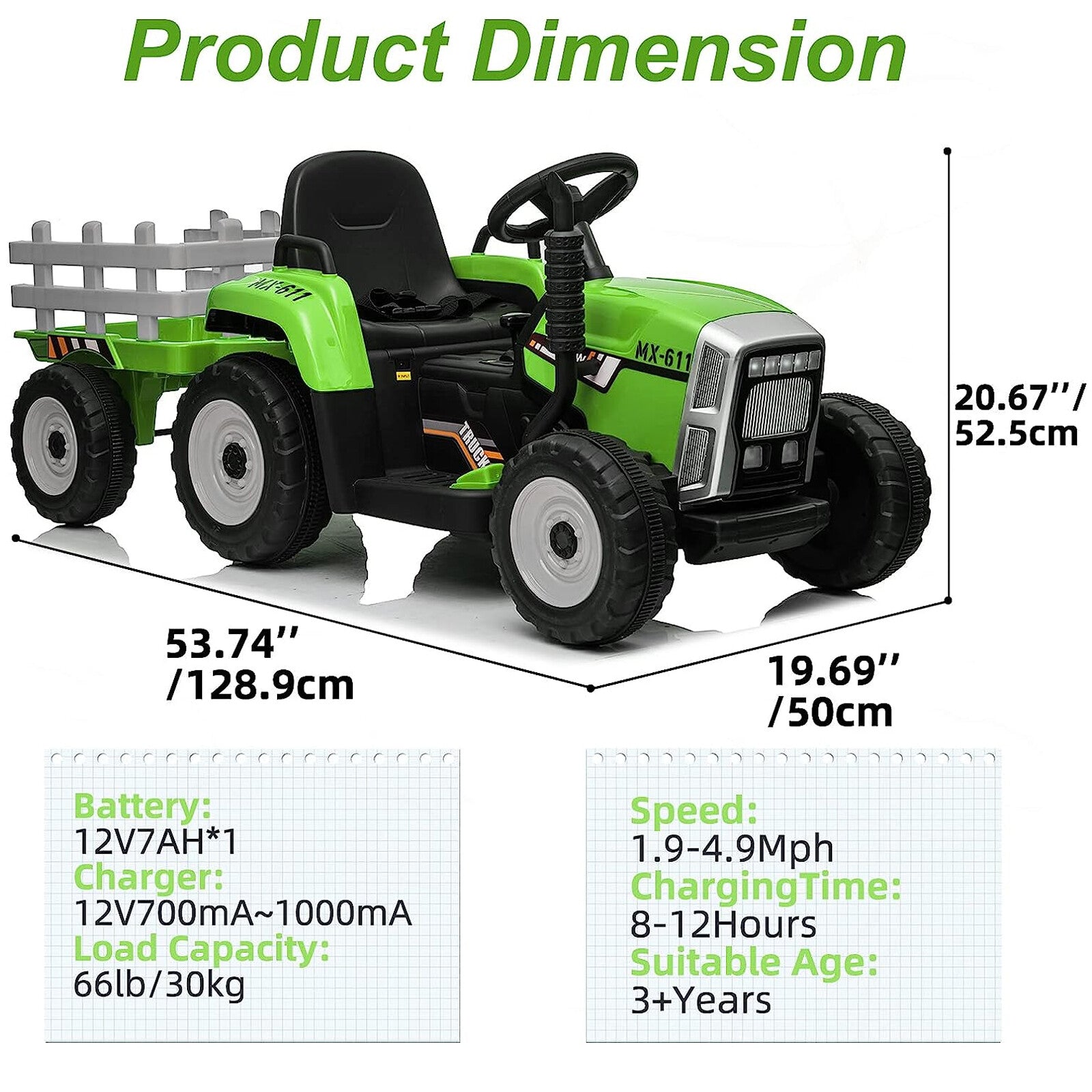 12V Electric Ride-On Tractor with Trailer, LED Lights, and MP3 Player for Kids Trend Times 9