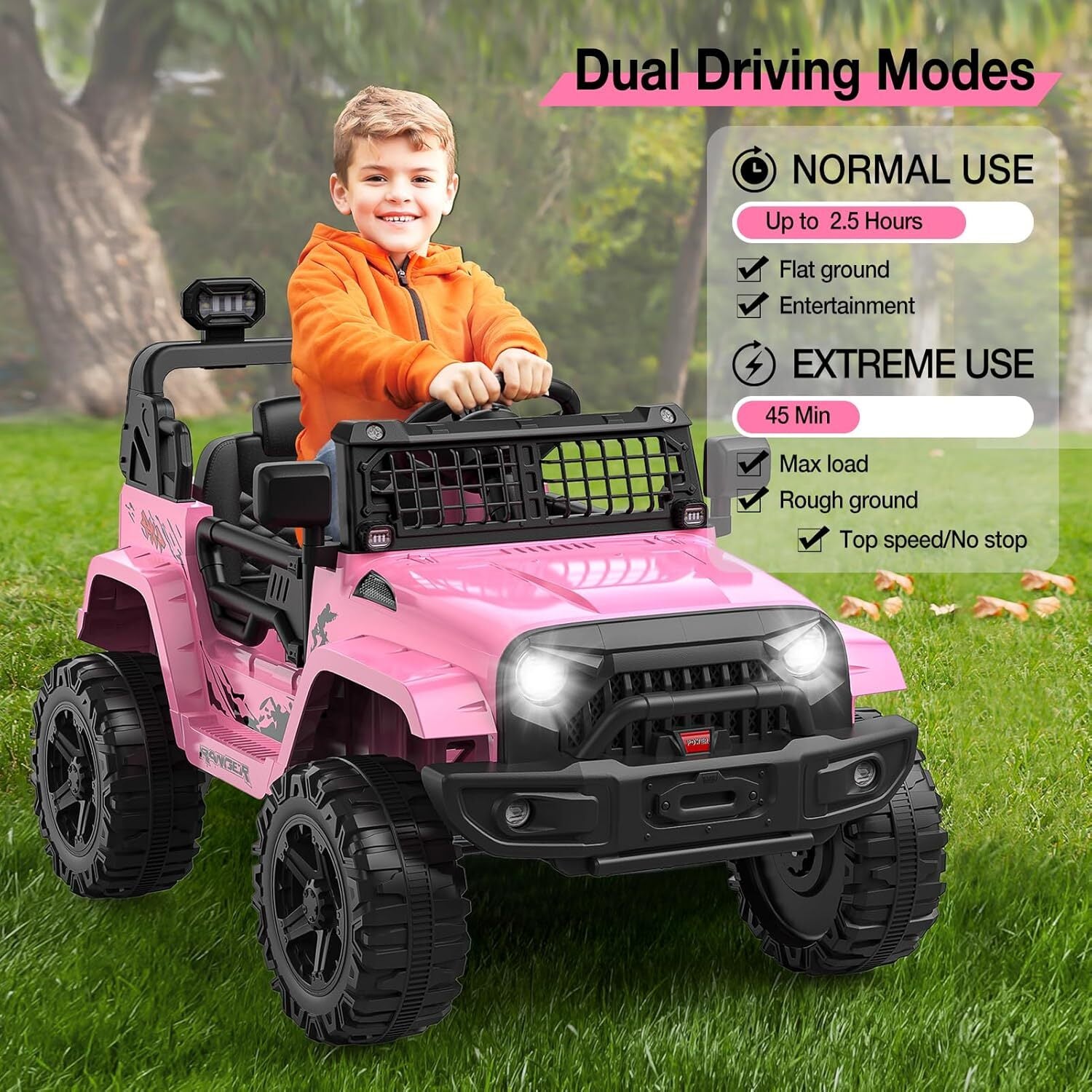 12V Pink Ride-On Truck with Remote Control, 3 Speeds, and Spring Suspension Trend Times 4