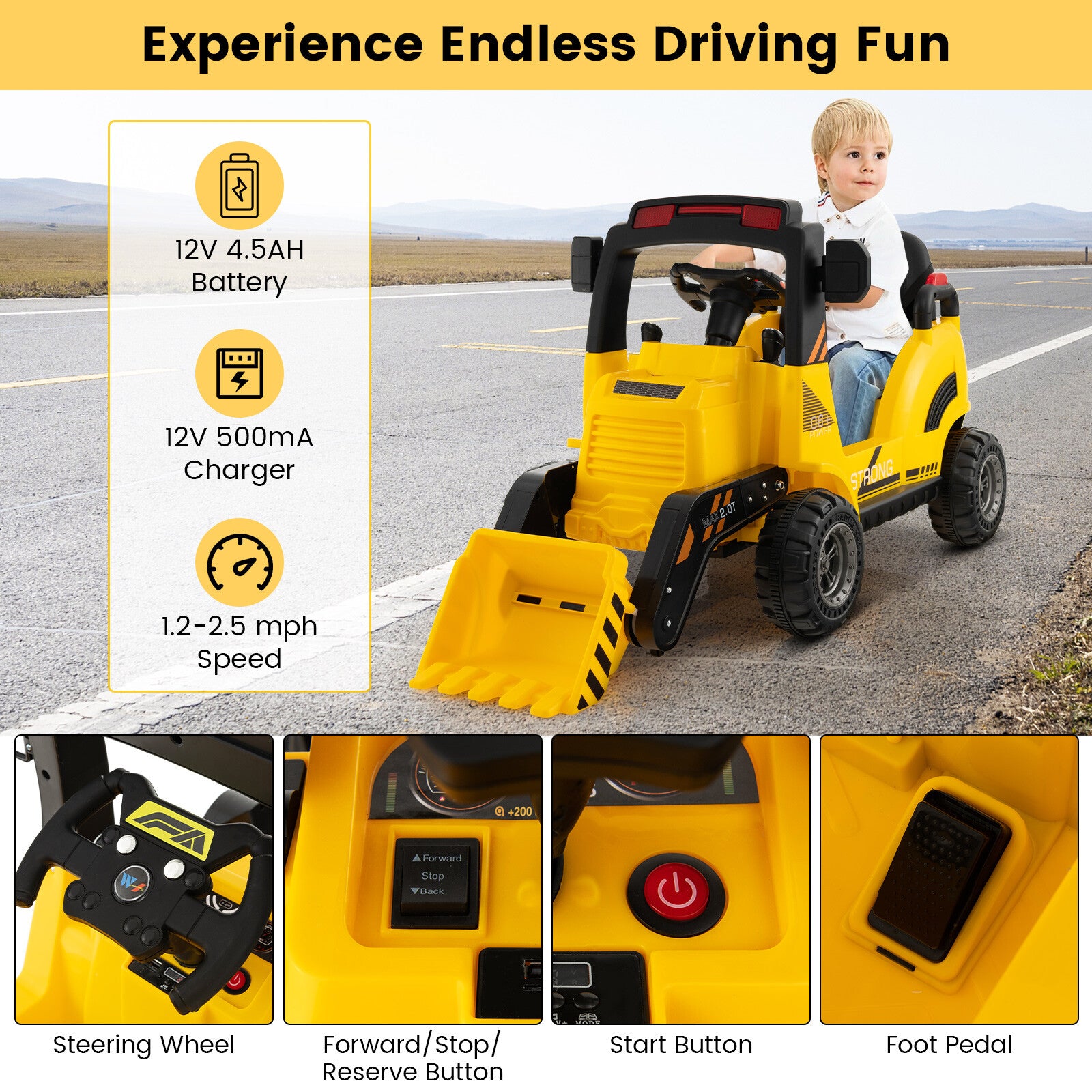 12V Ride-On Construction Excavator Toy for Toddlers Ages 3-7 in Yellow Trend Times 3