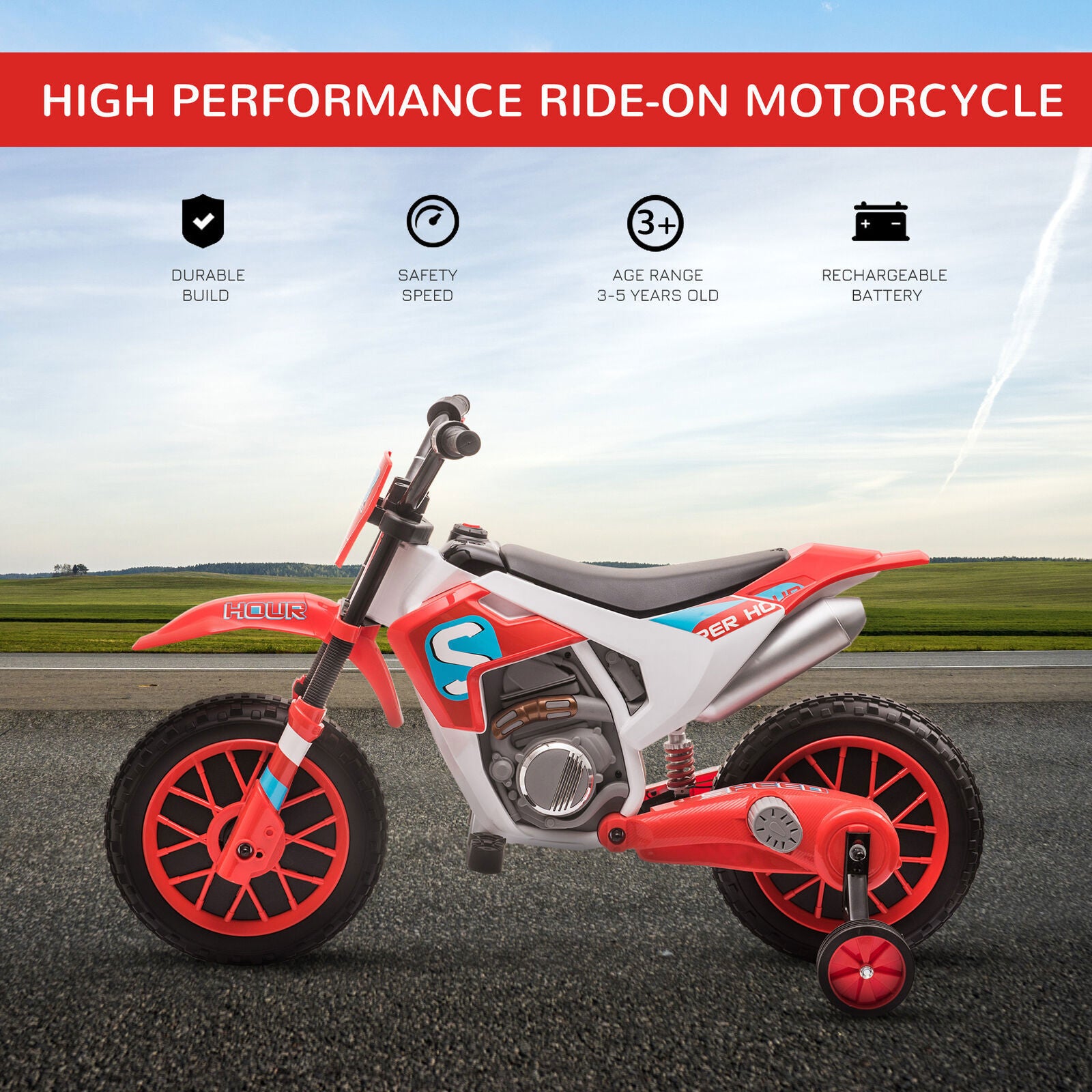 12V Electric Ride-On Dirt Bike Motorcycle Toy with Training Wheels for Off-Road Use Trend Times 4