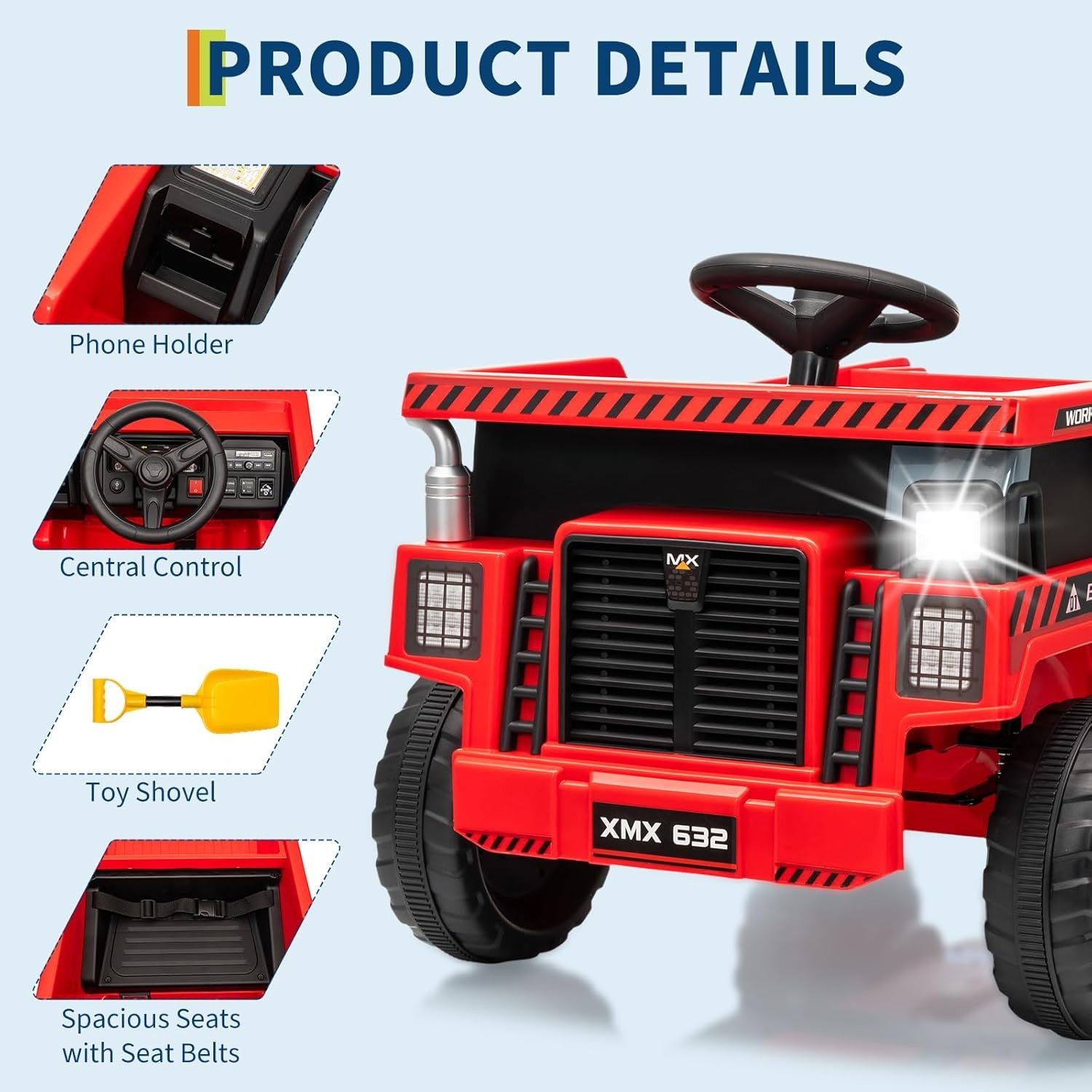 12V Ride-On Dump Truck with Remote Control, Auto Dump Bed, Shovel, and Music for Kids Ages 3-8 Trend Times 13