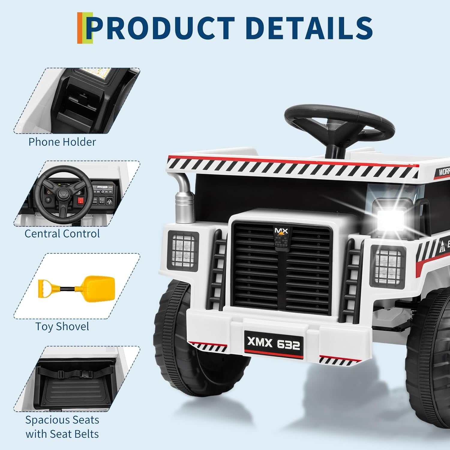 12V Ride-On Dump Truck with Remote Control, Auto Dump Bed, Shovel, and Music for Kids Ages 3-8 Trend Times 4