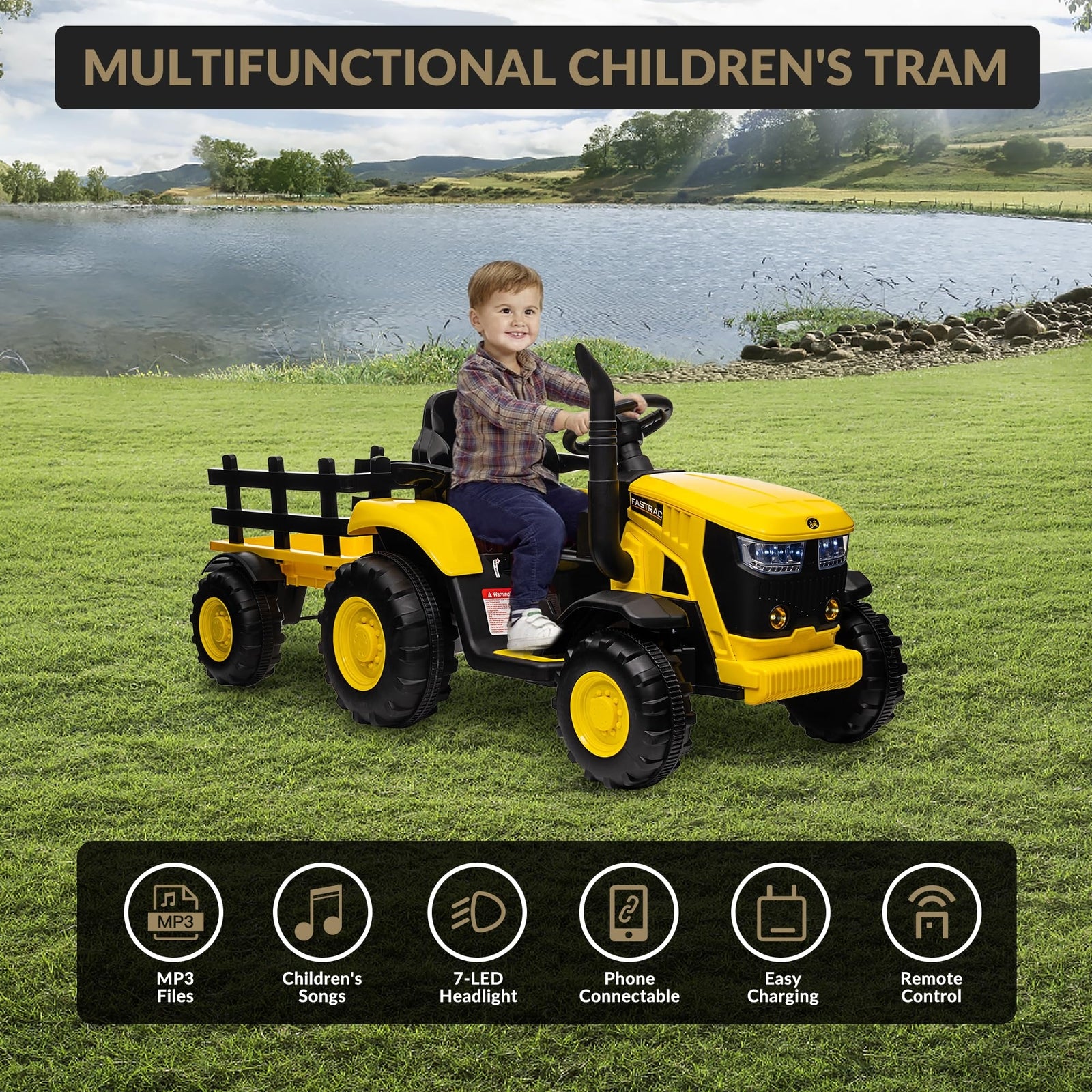 12V Electric Ride-On Tractor for Kids with Trailer, 6 Wheels, and Bluetooth Trend Times 19