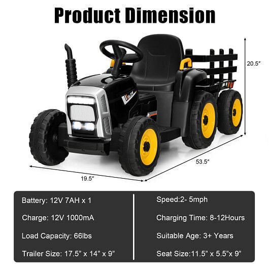 12V Ride-On Tractor with 3-Gear Shift and Ground Loader for Kids 3+ Years Black Trend Times 3