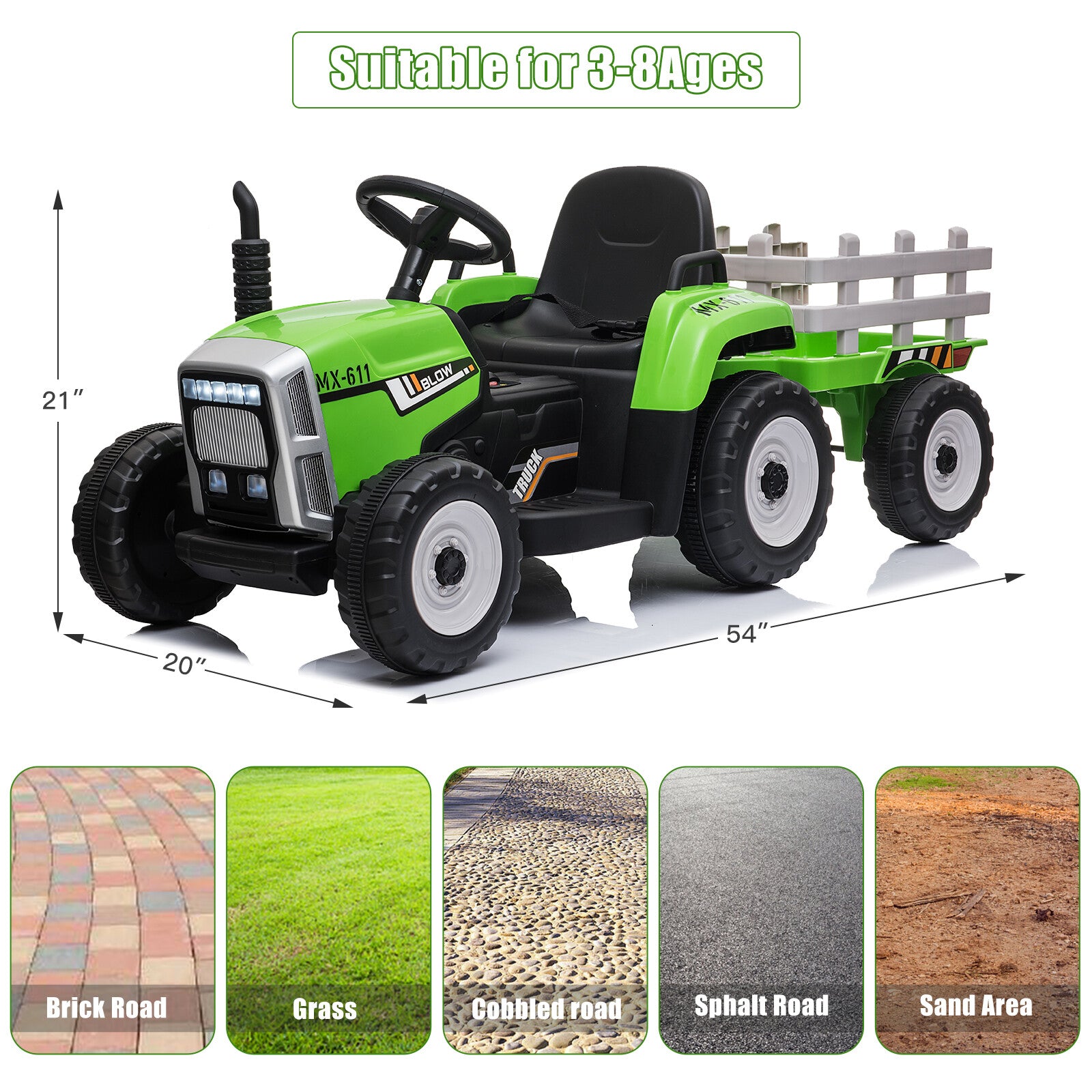 12V Ride-On Tractor with Detachable Trailer Remote Control LED Lights Kids Truck Toy Car Trend Times 4