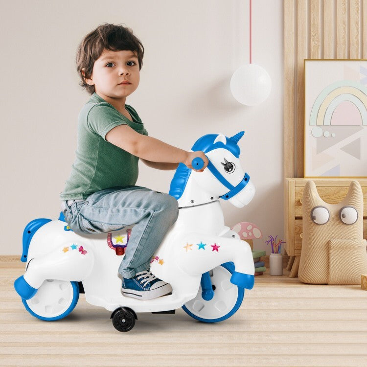 12V Unicorn Ride-On Toy for Kids with Training Wheels and Horse Riding Mode Trend Times 2