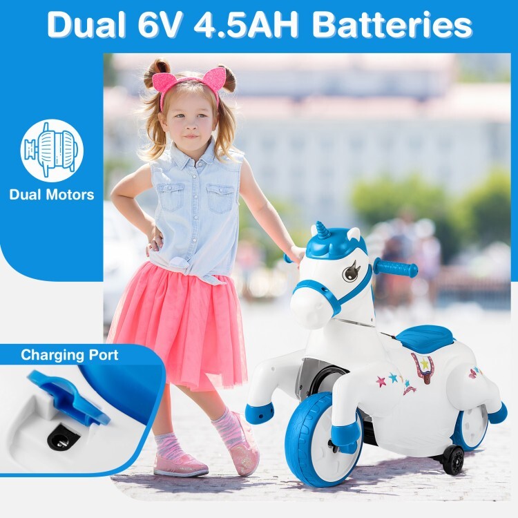 12V Unicorn Ride-On Toy for Kids with Training Wheels and Horse Riding Mode Trend Times 5