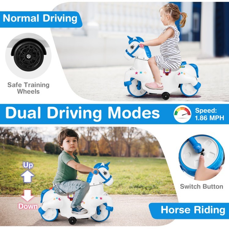 12V Unicorn Ride-On Toy for Kids with Training Wheels and Horse Riding Mode Trend Times 7