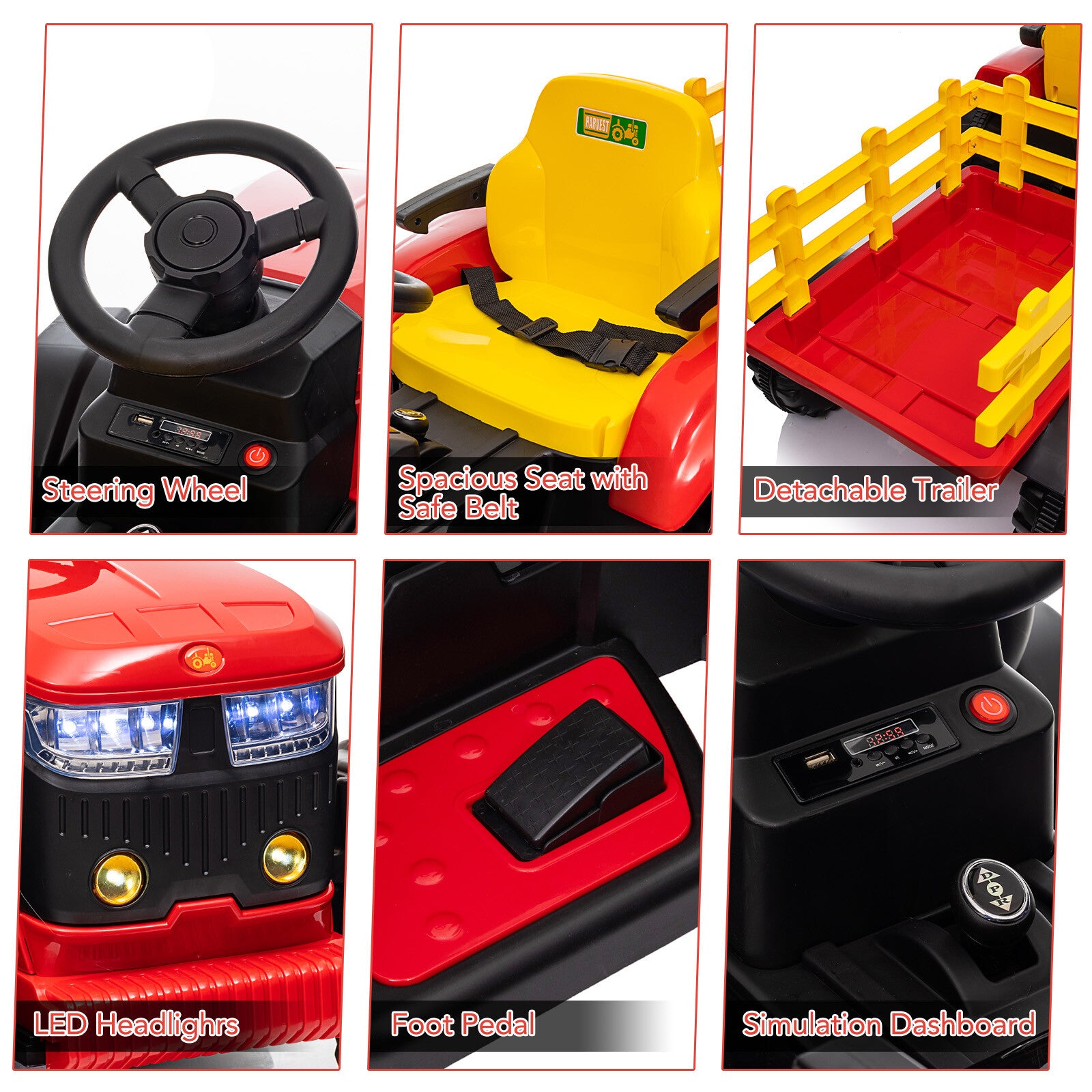12V Electric Ride-On Tractor Car for Kids with Trailer and Rechargeable Battery Trend Times 4
