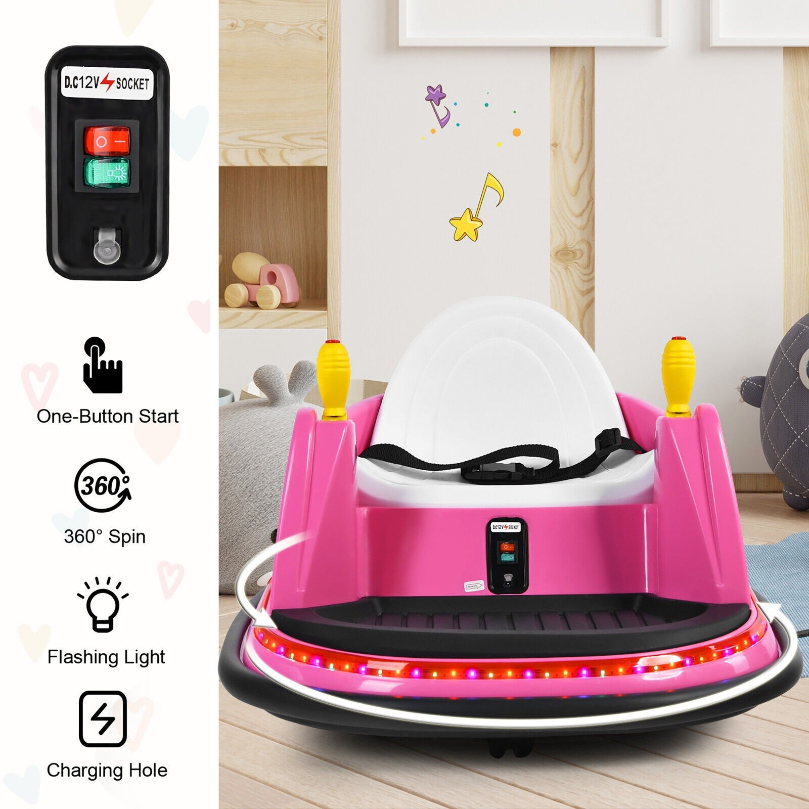 12V Kids Ride-On Bumper Car with 360° Spin and Remote Control Pink Trend Times 7
