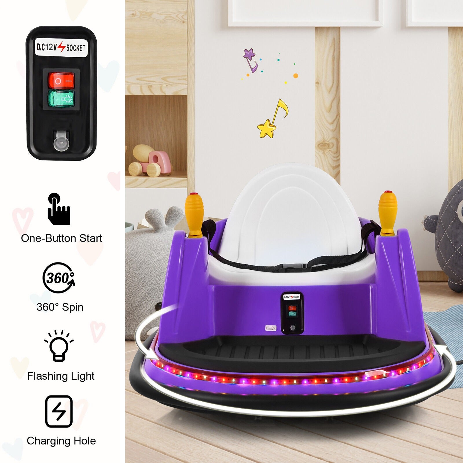 12V Kids Ride-On Bumper Car with 360° Spin and Remote Control - Purple Trend Times 7