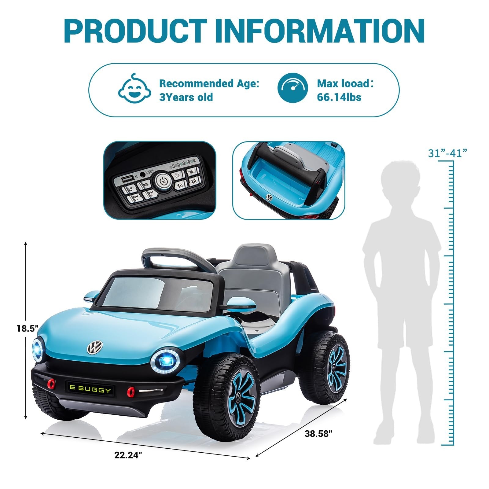 12V VW Beetle Kids Electric Ride-On Car with Remote Control, Lights, Music, and USB Port Trend Times 22