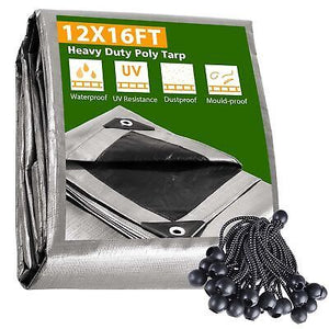 12x16 Ft Waterproof Poly Tarp Protect Cover 10mil Tarpaulin with 25 Ball Bungees - Trend Times Toy Stores