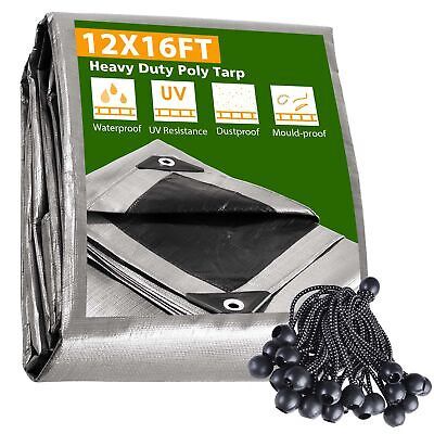 12x16 Ft Waterproof Poly Tarp Protect Cover 10mil Tarpaulin with 25 Ball Bungees - Trend Times Toy Stores