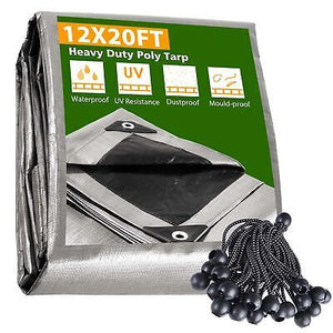 12x20 Ft Waterproof Poly Tarp Protect Cover 10mil Tarpaulin with 25 Ball Bungees - Trend Times Toy Stores