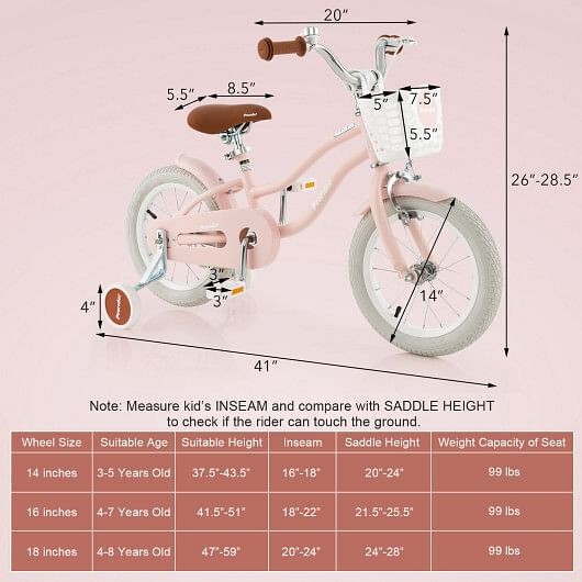 14 Inch Kids Bike with Removable Training Wheels and Front Basket in Pink Trend Times 2