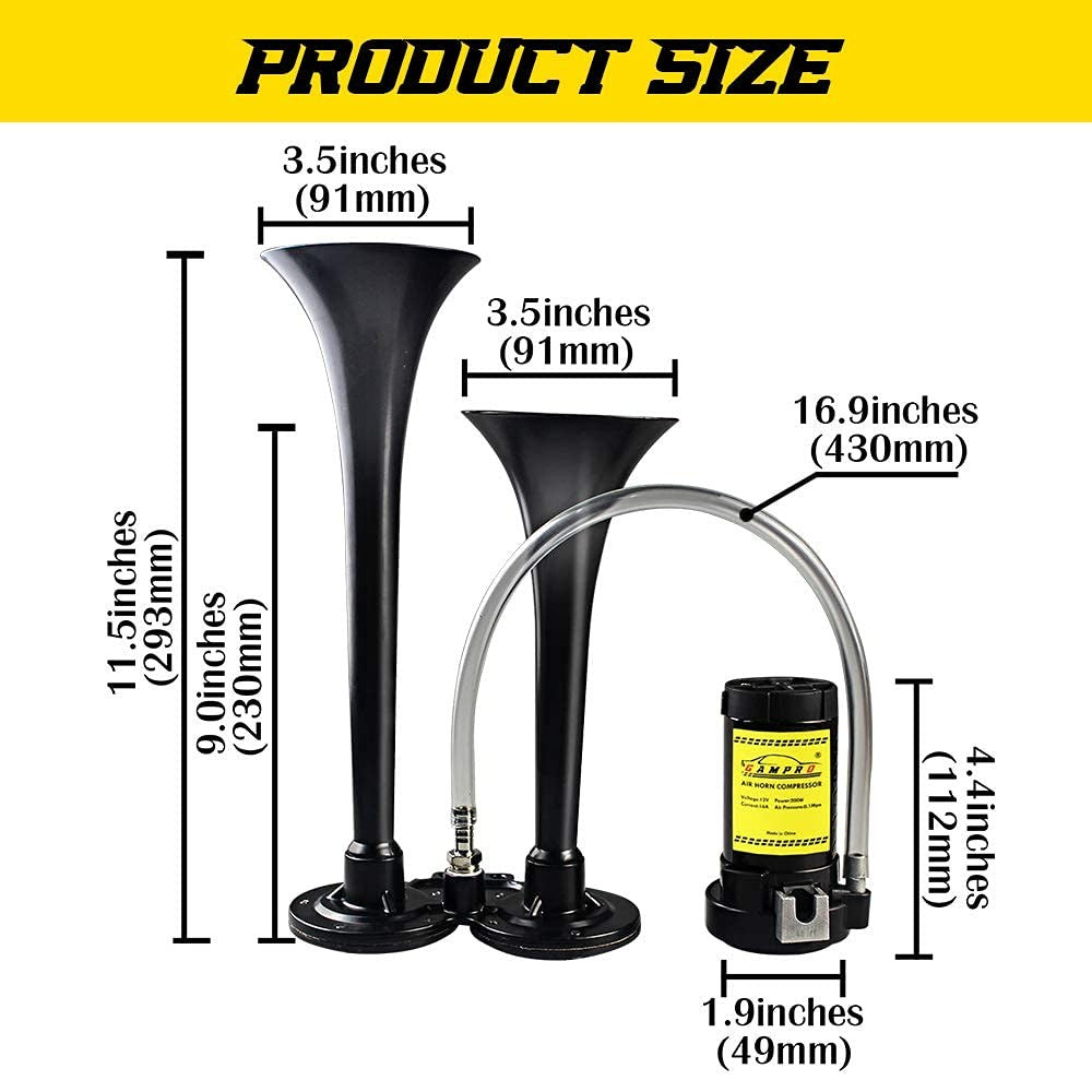 150dB 12V Dual Trumpet Air Horn with Chrome Zinc Finish and Compressor for 12V Vehicles Trend Times 2
