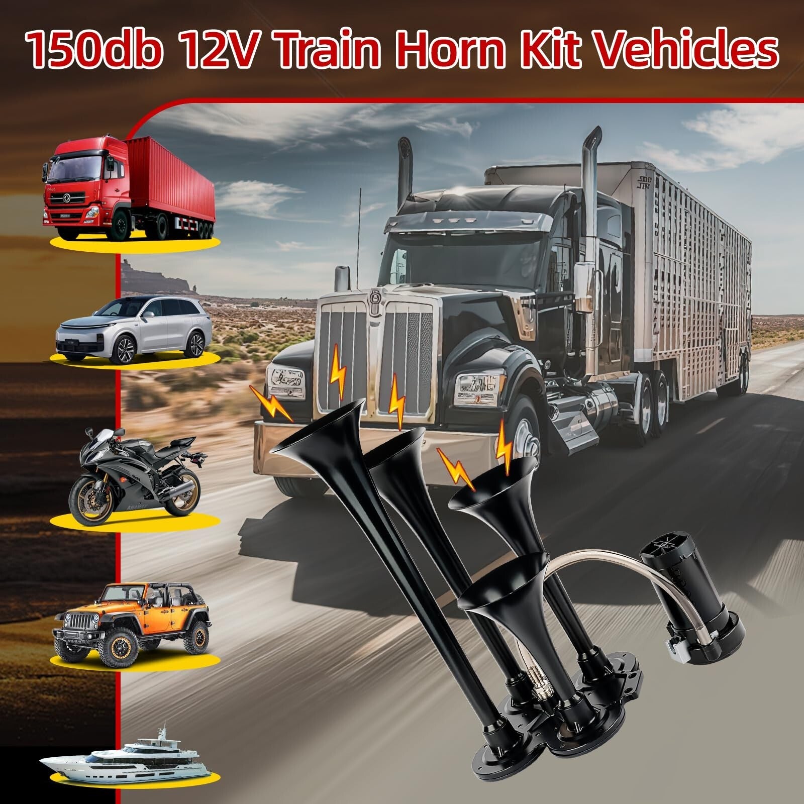 150dB 12V Train Air Horn Kit with 4 Speakers and Push Button Control Trend Times 5
