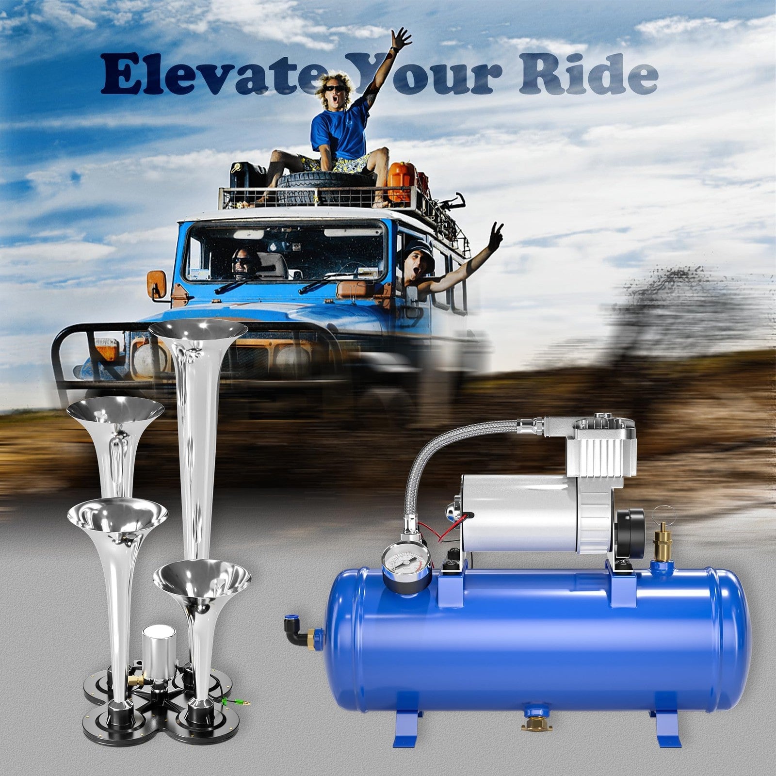 150DB Train Horn Kit with 12V Air Compressor and 1.6 Gallon Tank for Trucks and SUVs Trend Times 2