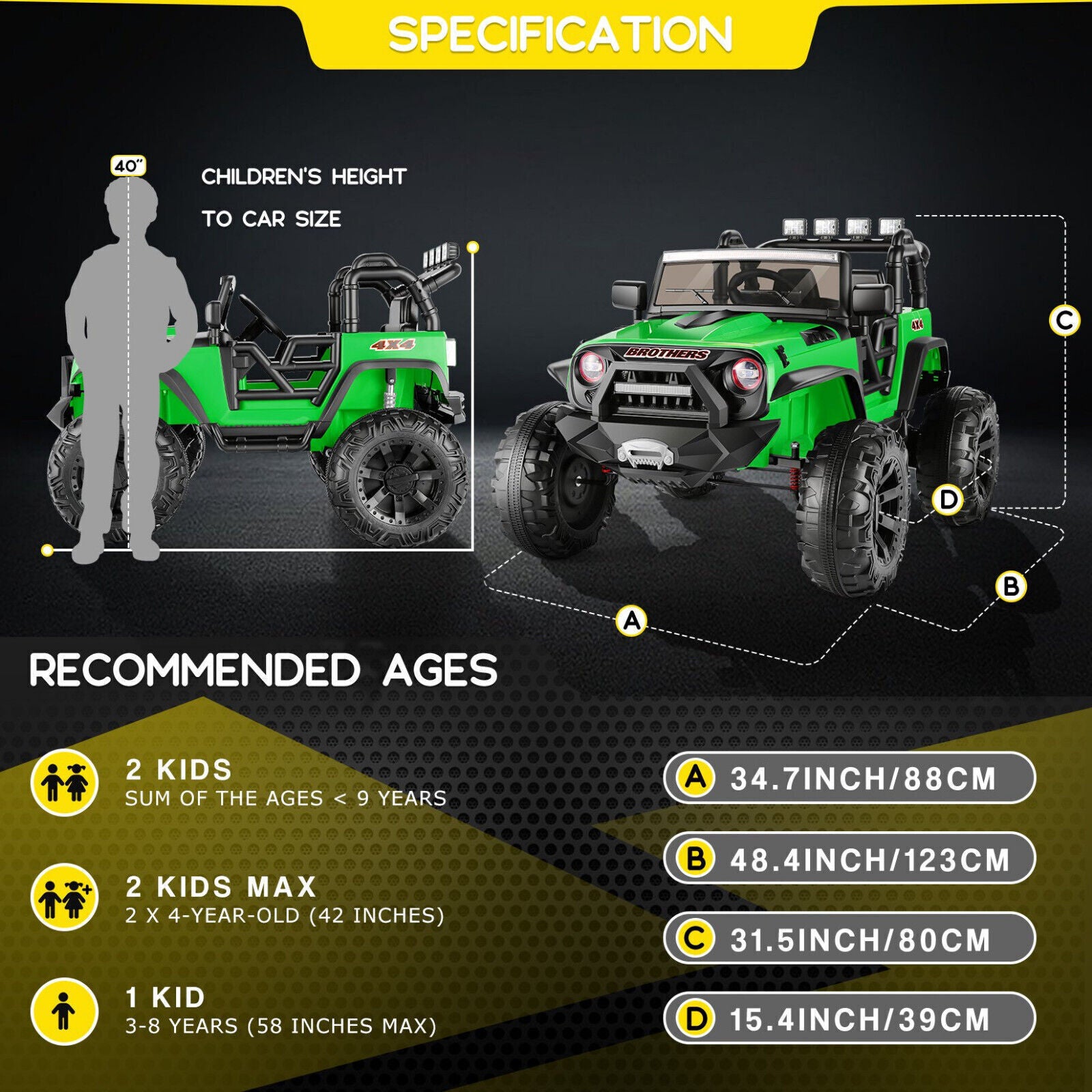 24V 2-Seater Kids Ride-On Truck Car with 2×200W Motors, Remote Control, LED Lights, and 3 Speeds Trend Times 6