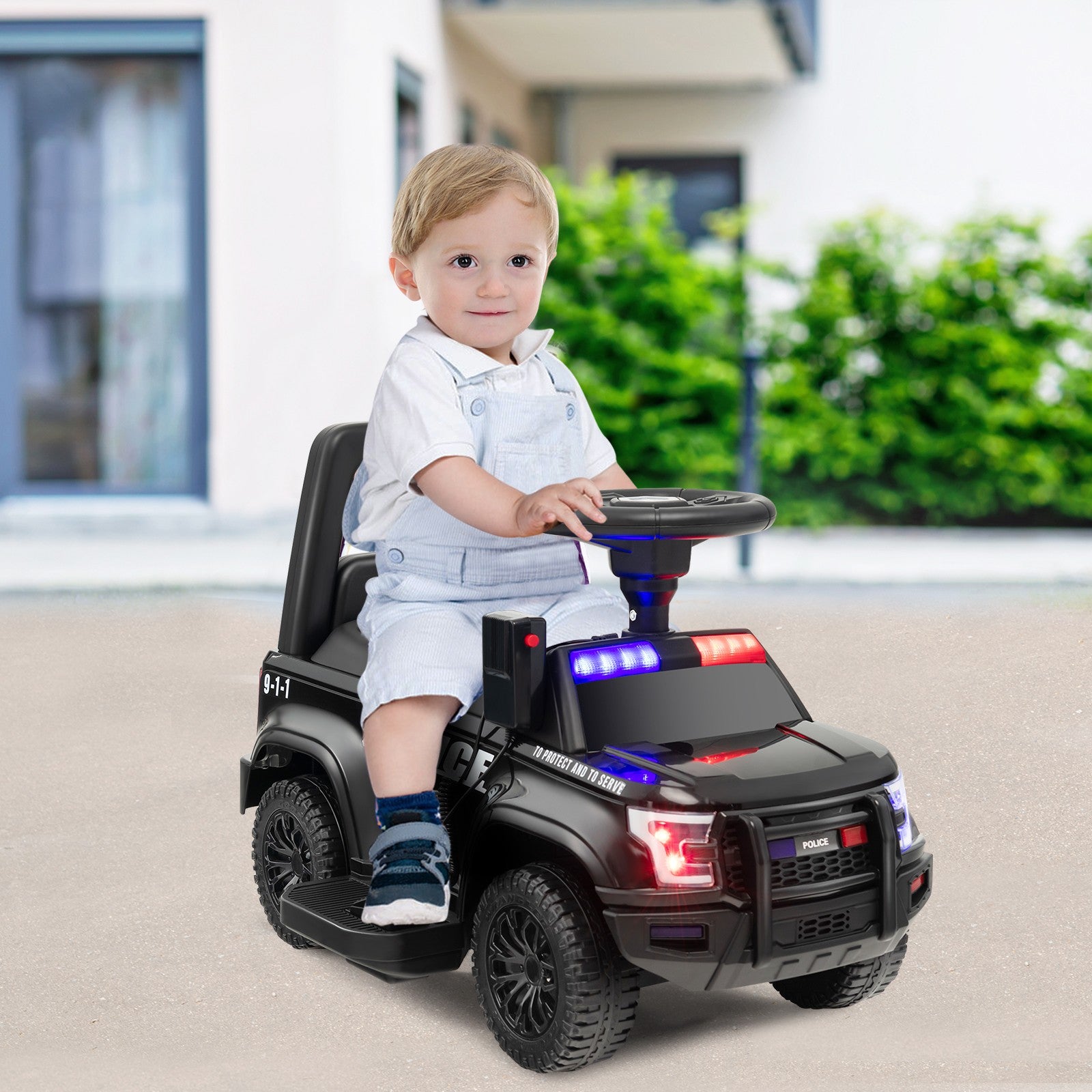 2-in-1 6V Kids Ride-On Police Push Car with Megaphone and Siren, Black Trend Times 2