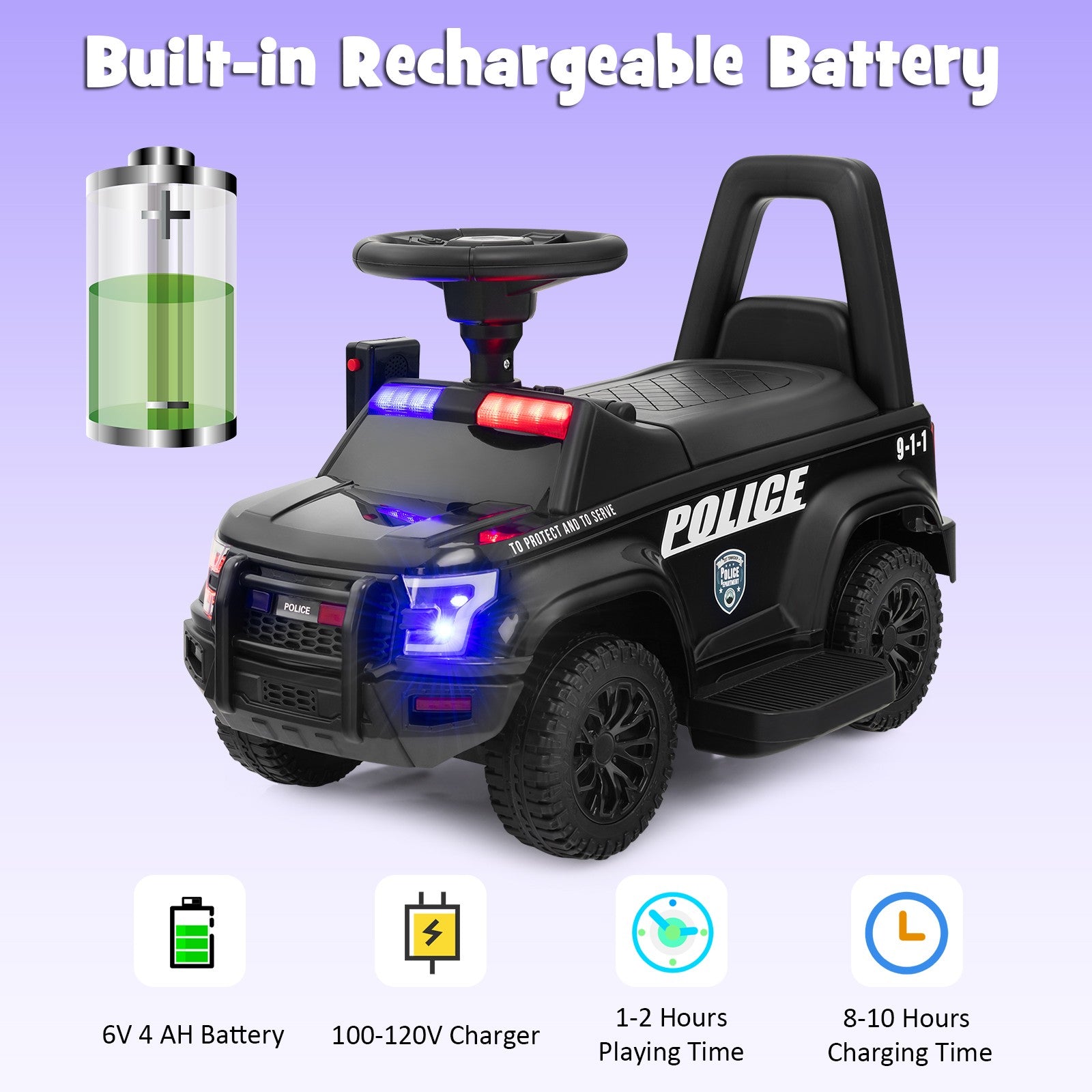 2-in-1 6V Kids Ride-On Police Push Car with Megaphone and Siren, Black Trend Times 4
