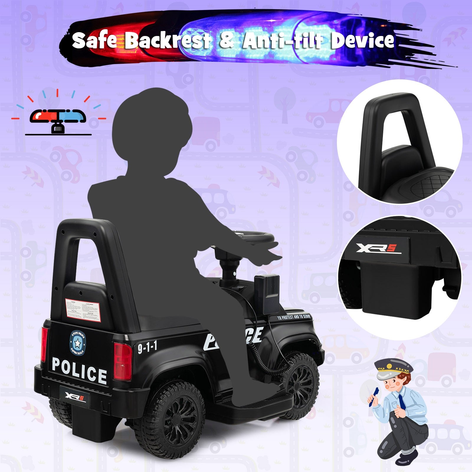 2-in-1 6V Kids Ride-On Police Push Car with Megaphone and Siren, Black Trend Times 7