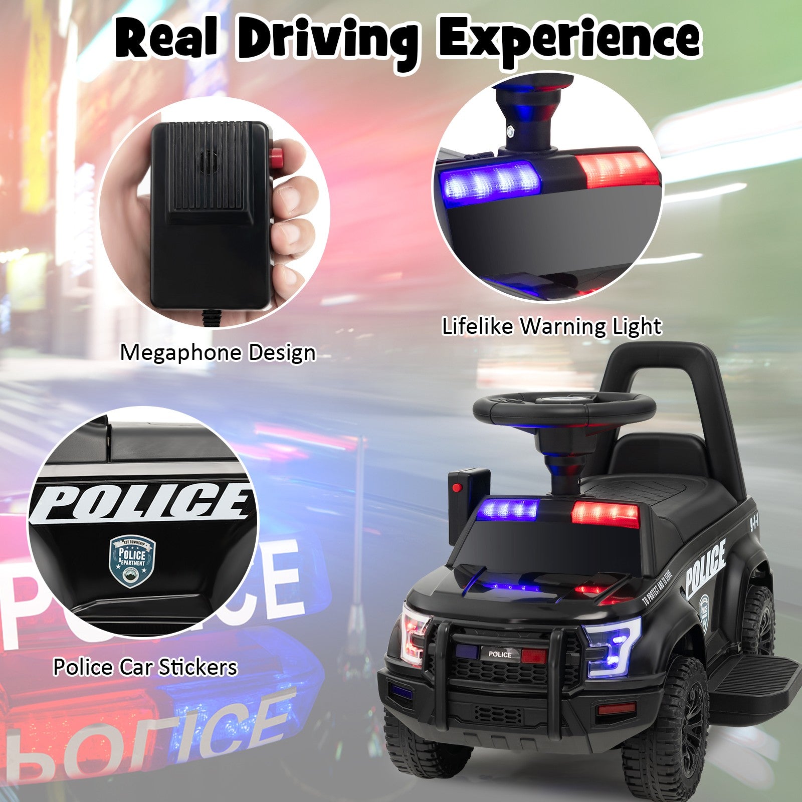 2-in-1 6V Kids Ride-On Police Push Car with Megaphone and Siren, Black Trend Times 8