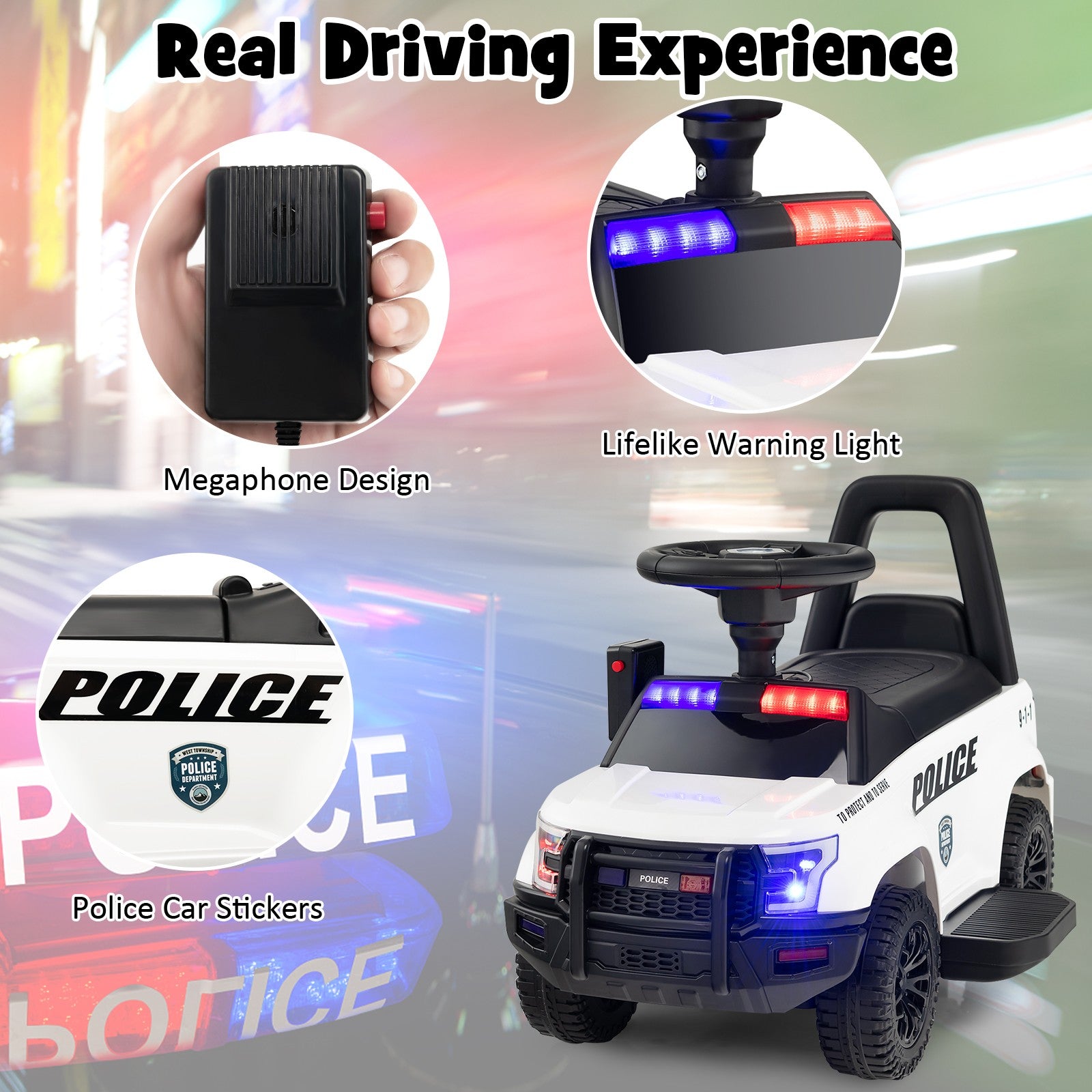 2-in-1 6V Kids Ride-On Police Car and Toddler Push Car with Megaphone, Siren, and Music Trend Times 8