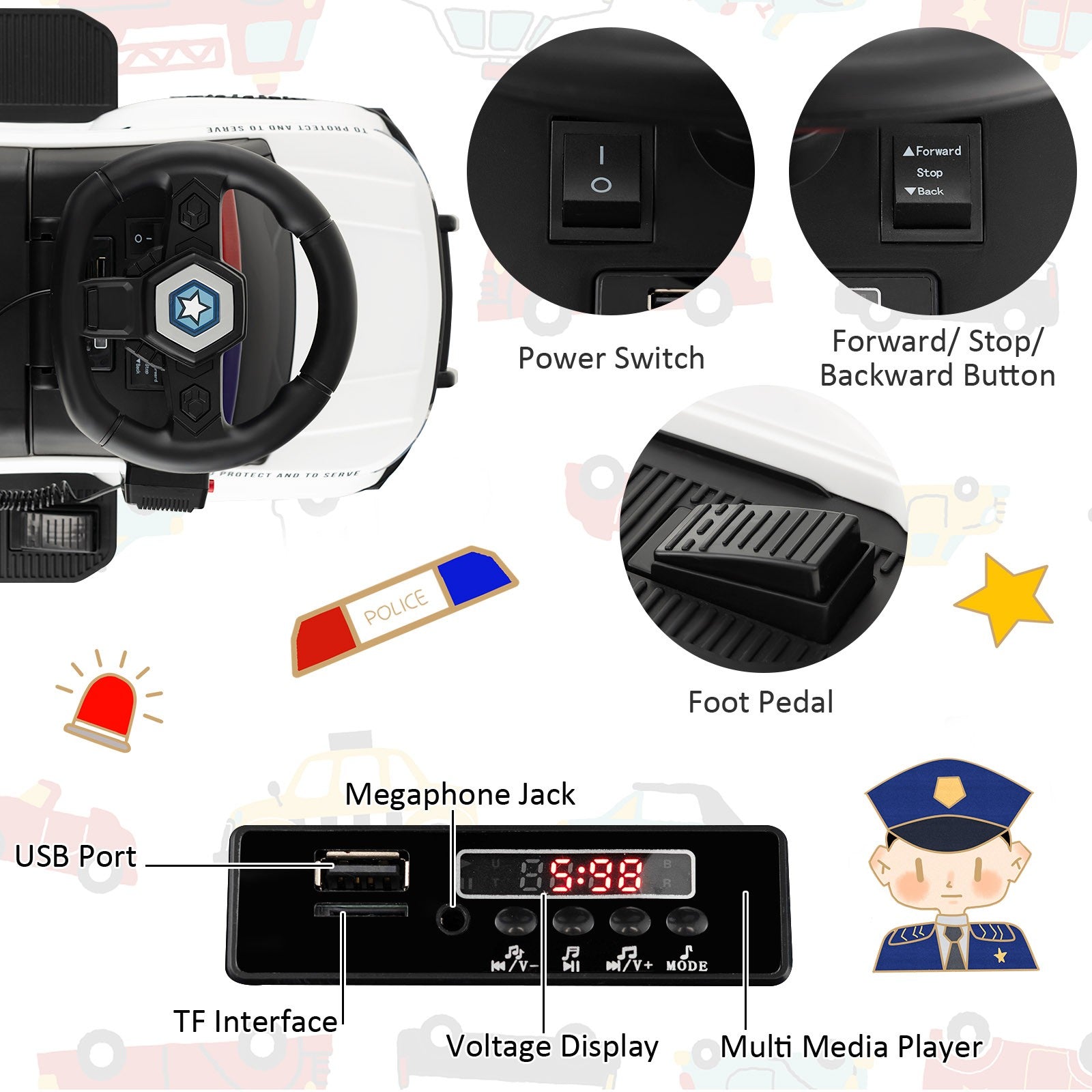 2-in-1 6V Kids Ride-On Police Car and Toddler Push Car with Megaphone, Siren, and Music Trend Times 9