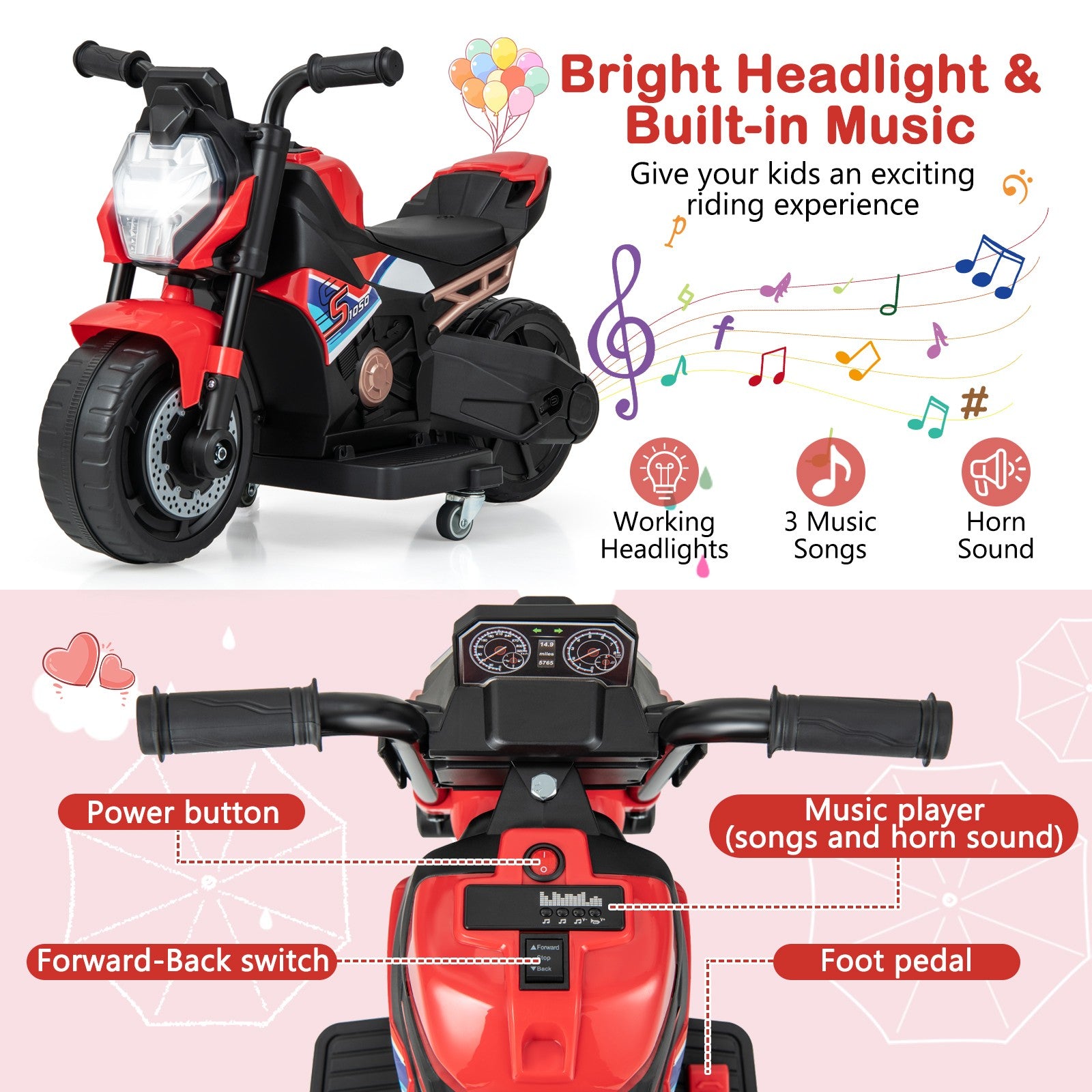2-in-1 Kids Electric Motorcycle with Detachable Training Wheels, Headlight, and Horn Trend Times 4