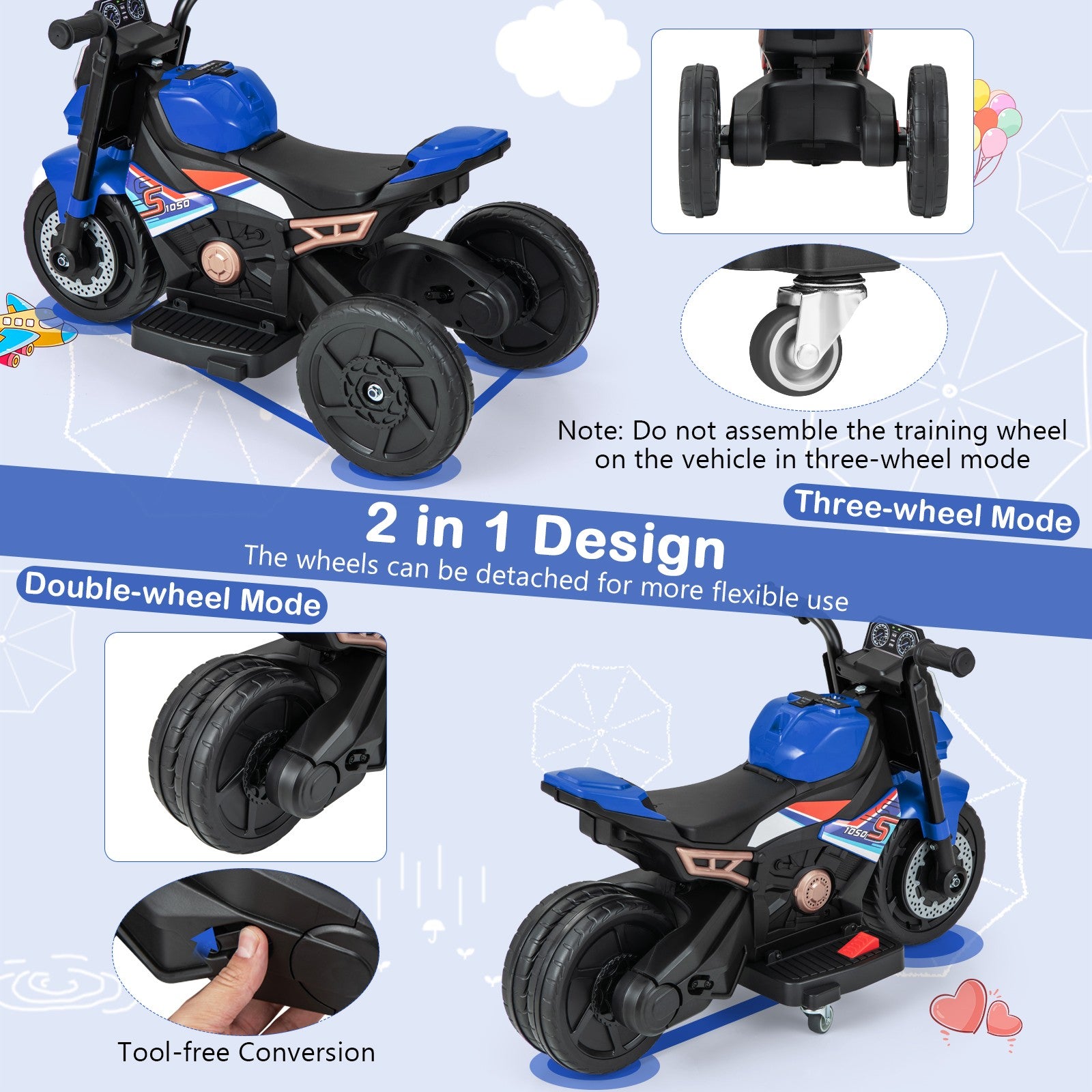 2-in-1 Kids Electric Motorcycle with Detachable Training Wheels, Headlight, and Horn Trend Times 4