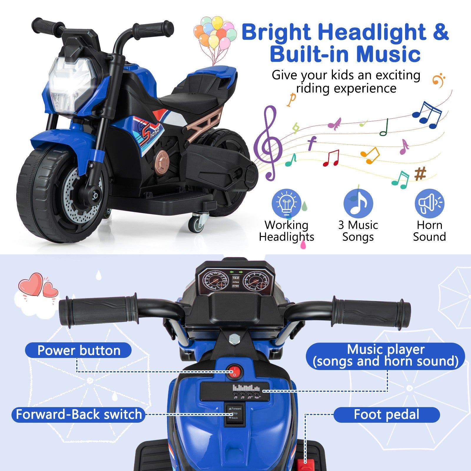 2-in-1 Kids Electric Motorcycle with Detachable Training Wheels, Headlight, and Horn Trend Times 5
