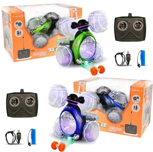 2-Pack Rechargeable Remote Control Tornado Stunt Flip Cars in Blue and Green Trend Times 3