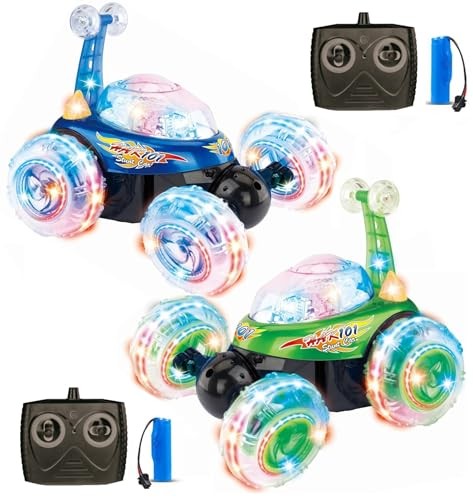 2-Pack Rechargeable Remote Control Tornado Stunt Flip Cars in Blue and Green Trend Times 7