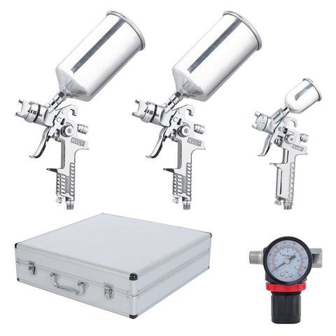 Automotive Paint Sprayers Gravity Feed 3 HVLP Spray Guns Kit Silver