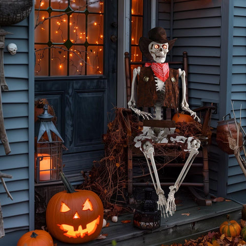 5.4ft Skeleton LED Eyes Halloween Decor Cowboy Sound Activated
