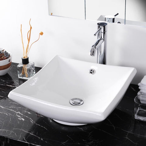 Bathroom Square Porcelain Sink Overflow Chrome Faucet Combo