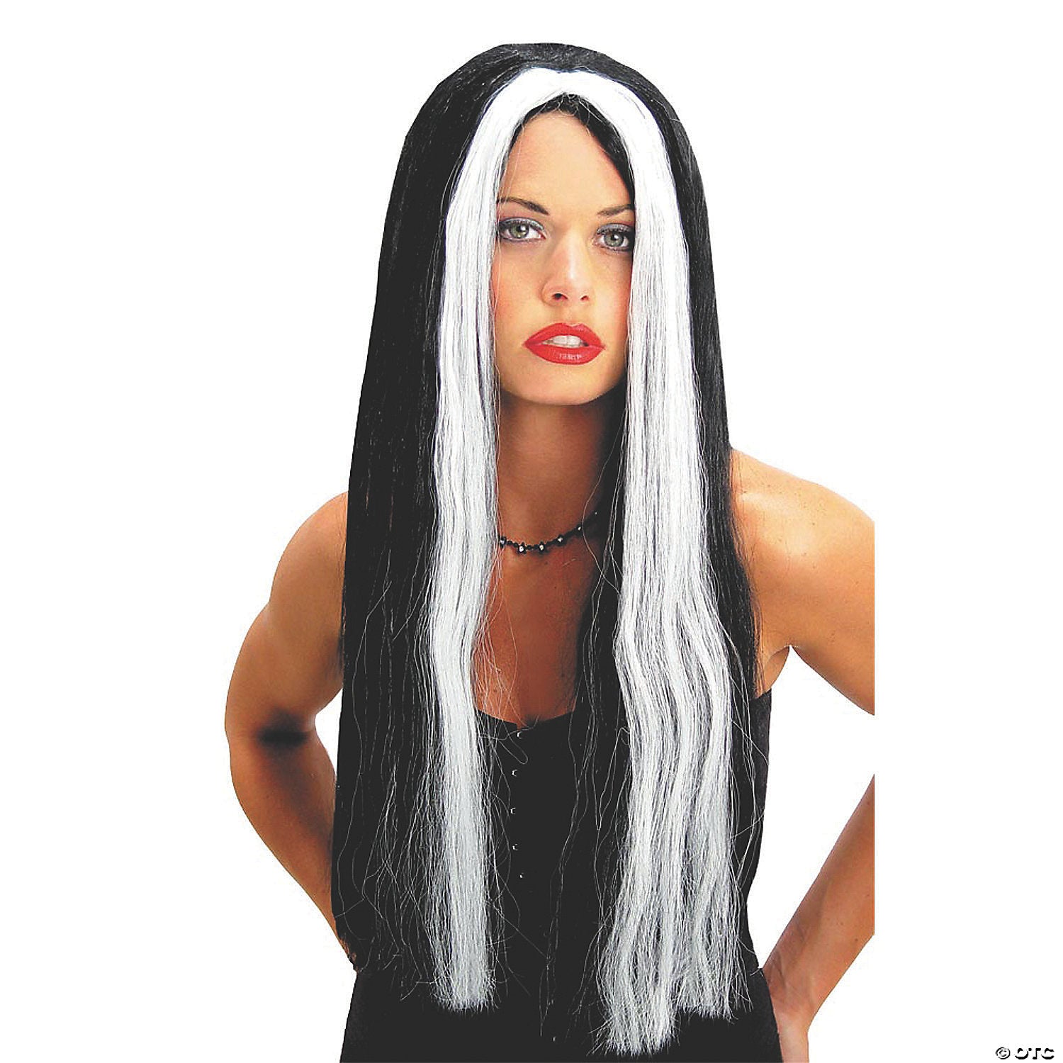 adults black with white streak long wig~mr176004