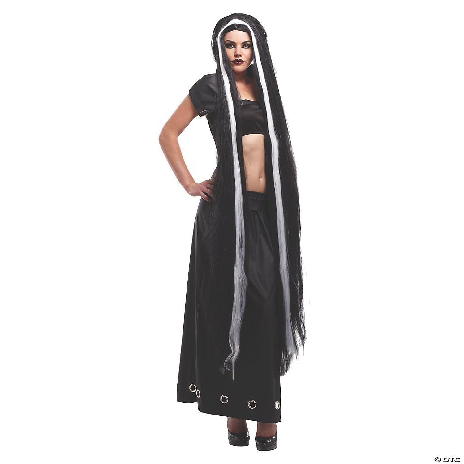 adults black with white stripe extra long wig~mr176007