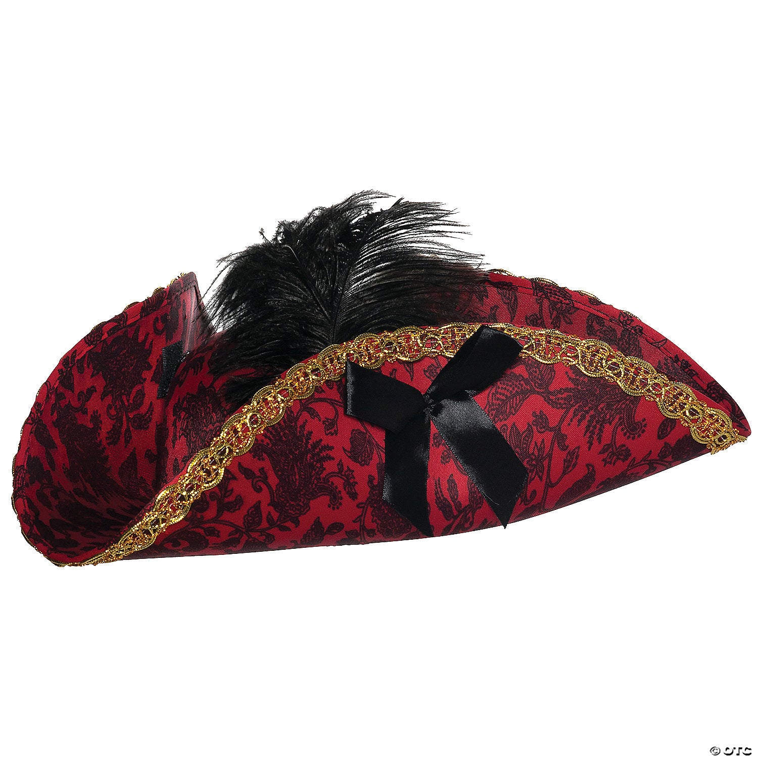 adults black & red fancy tricorne hat with feather~ur30575